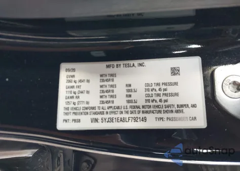 2020 Tesla Model 3 Standard Range Plus Rear-Wheel Drive/Standard Range Rear-Wheel Drive from USA, damaged, VIN 5YJ3E1EA8LF792149